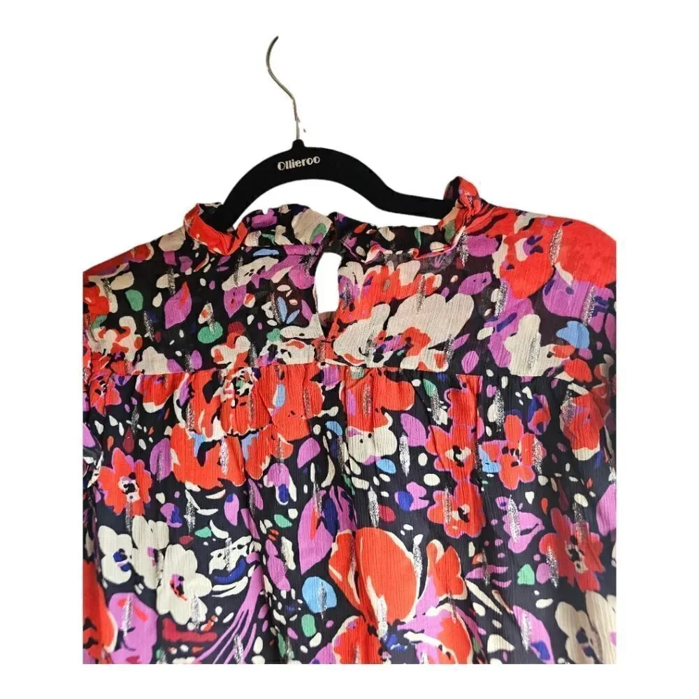 J CREW Smocked Popover‎ Top in Lurex Dot Floral Print - Size Medium